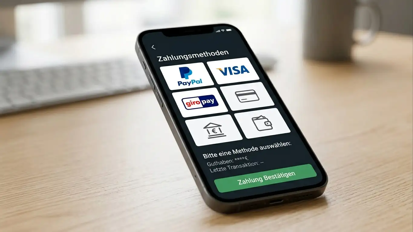 Zahlungsmethoden-Symbole PayPal Giropay Visa auf Smartphone-Bildschirm