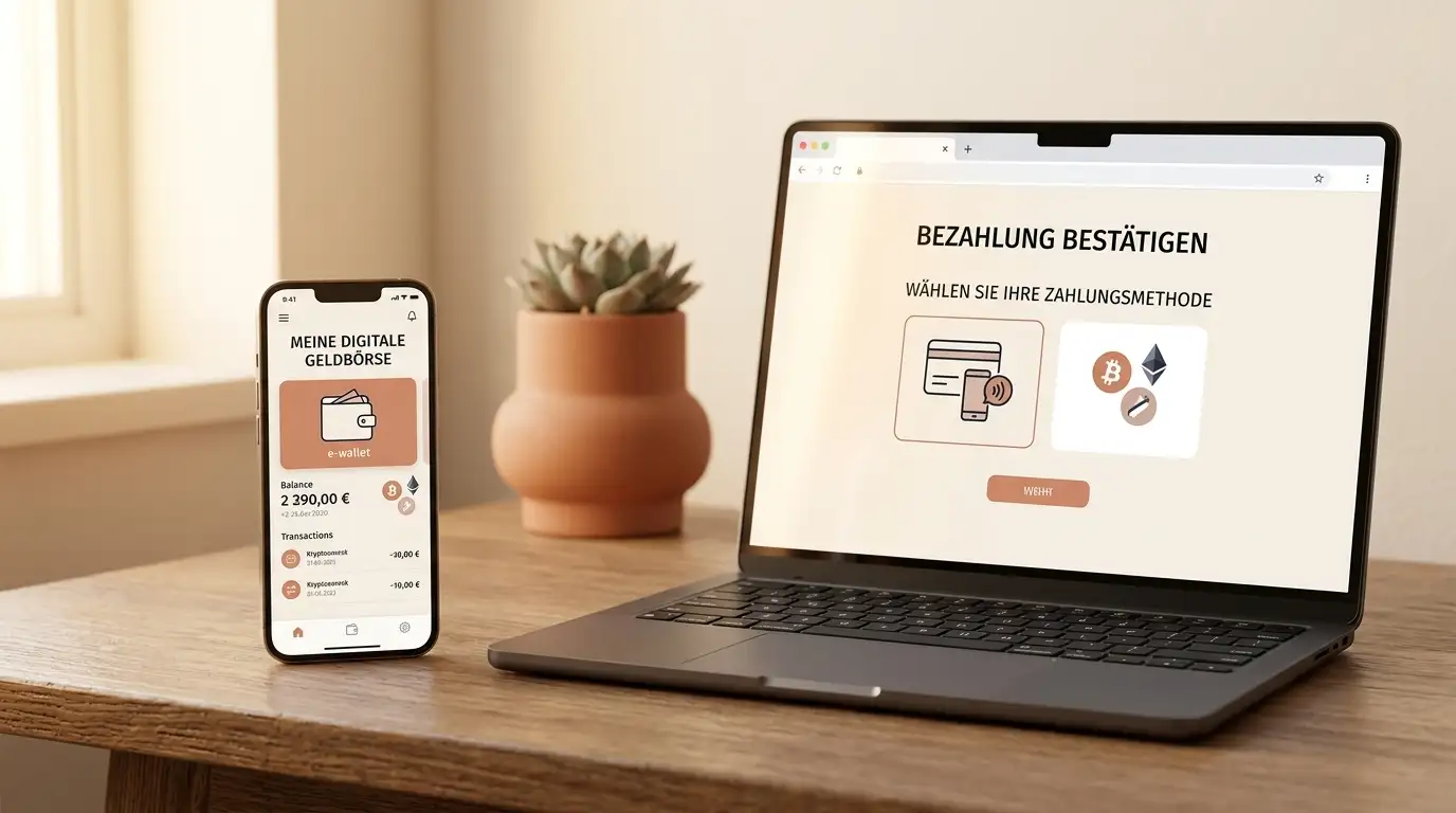 Smartphone mit Digital-Wallet neben Laptop mit Krypto-Symbolen