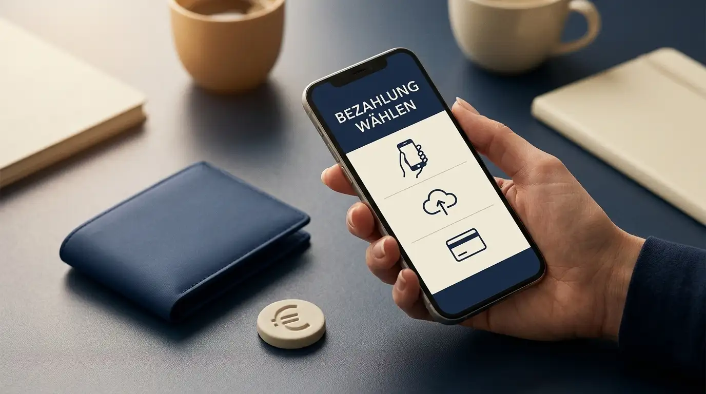 Hand hält Smartphone mit generischer Zahlungsauswahl und neutralem Token auf dem Schreibtisch
