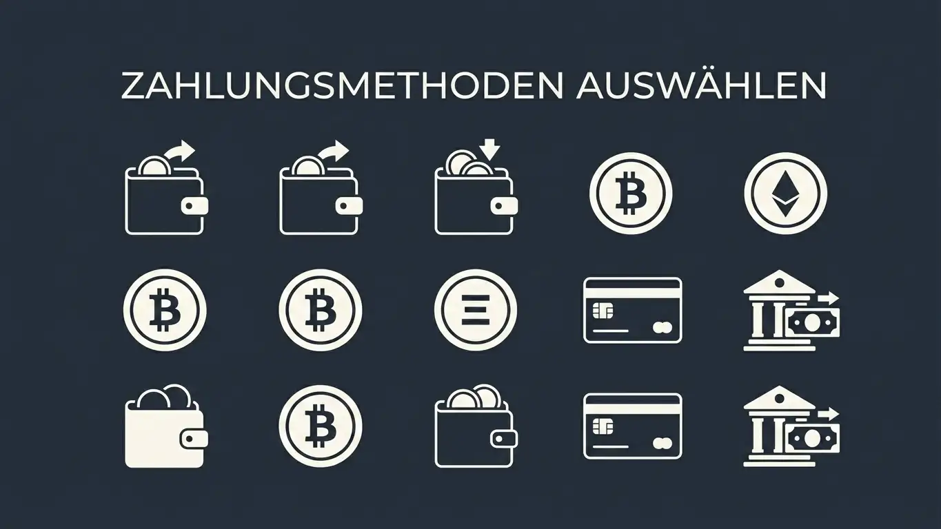 Abstrakte Darstellung verschiedener Zahlungsmethoden — E-Wallets, Kryptowährungen, Karten und Banküberweisungen