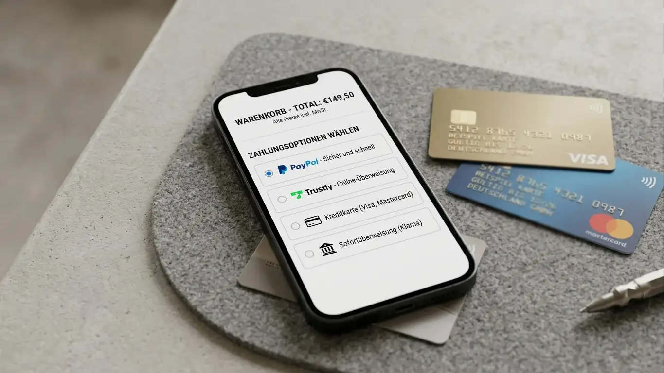 PayPal-Logo und Trustly-Logo auf Smartphone neben Kreditkarten