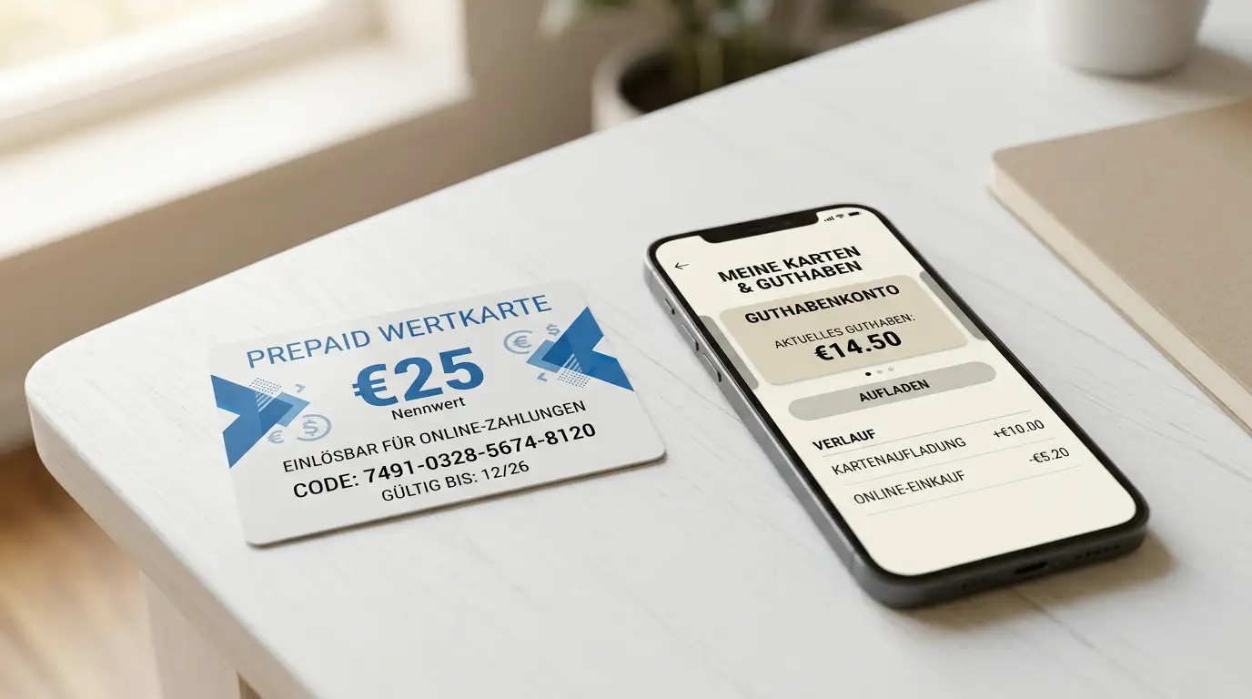 Paysafecard-Voucher und PayPal-Logo neben Smartphone mit Casino-Kasse