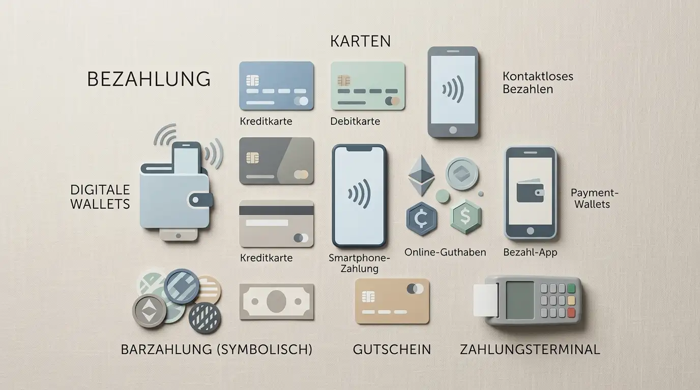 Übersichtliche Anordnung symbolischer Zahlungsmittel-Icons auf neutralem Hintergrund, ohne echte Logos oder Banknoten