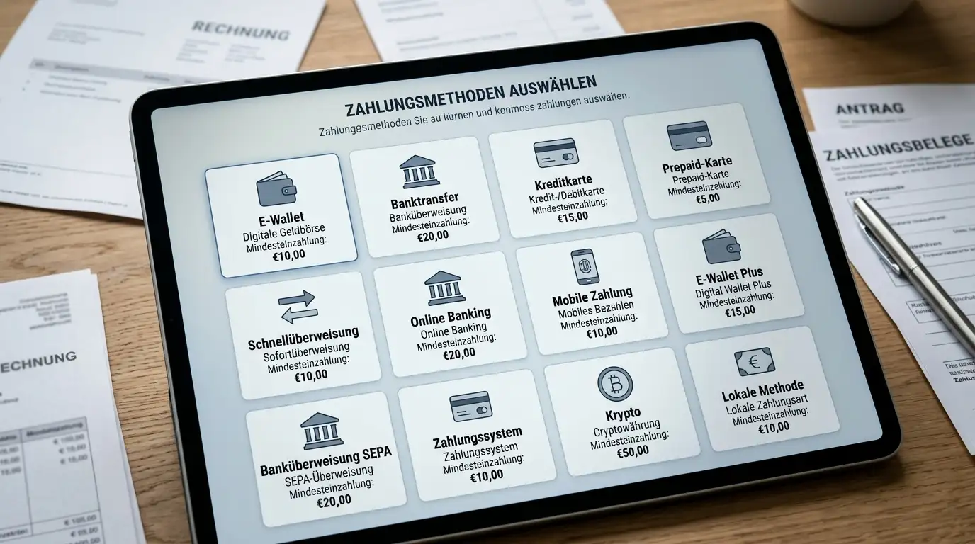 Verschiedene Zahlungsmethoden-Symbole mit Mindesteinzahlungsbeträgen auf modernem Interface