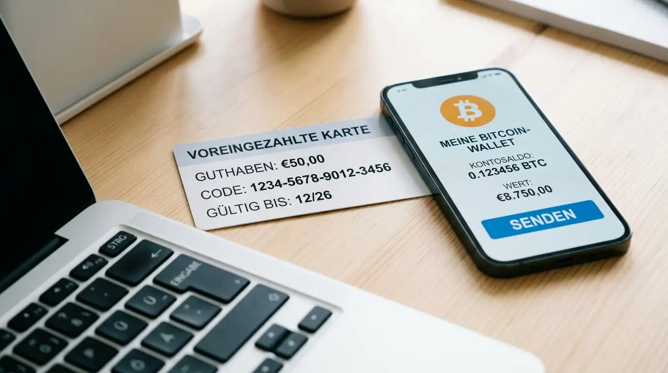 Paysafecard-Voucher und Smartphone mit Krypto-Wallet auf Schreibtisch