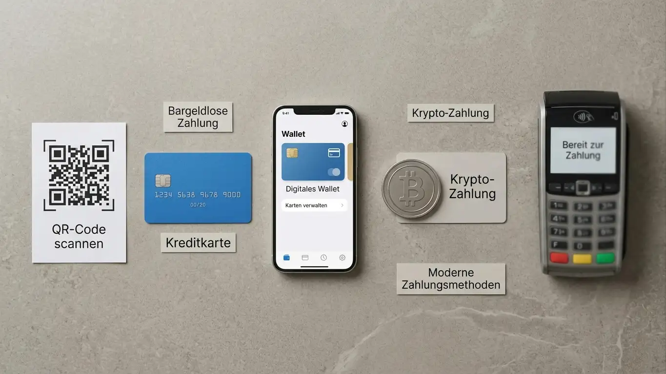 Verschiedene Zahlungsmethoden-Icons: Trustly, Krypto, Kreditkarten, E-Wallets