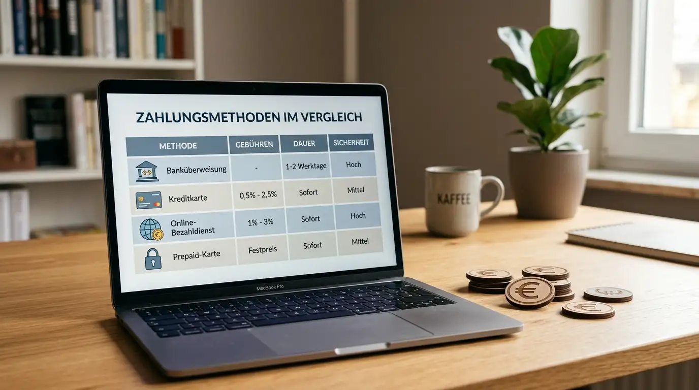 Übersichtliche Vergleichstabelle auf einem Laptop-Bildschirm mit neutralen Zahlungsmethoden-Symbolen und Euro-Markierungen