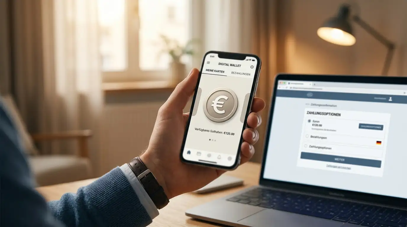 Smartphone mit neutraler E-Wallet-Oberfläche neben einem Laptop