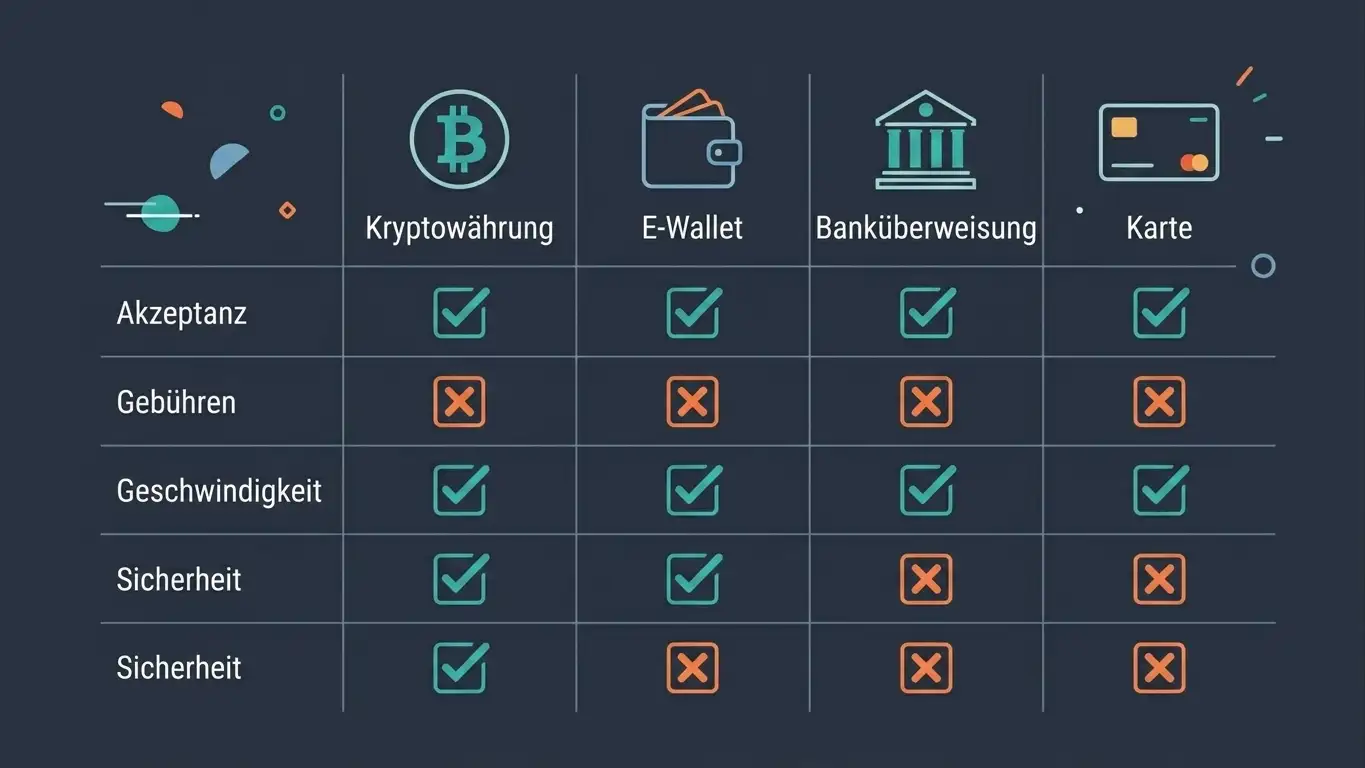 Infografik-Vergleich verfügbarer Zahlungsmethoden mit Häkchen und Kreuzen