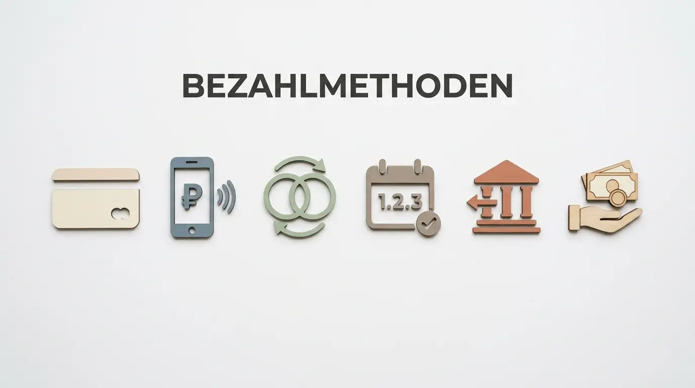 Sechs neutrale Symbole verschiedener Zahlungsmethoden in einer Reihe auf weißem Hintergrund