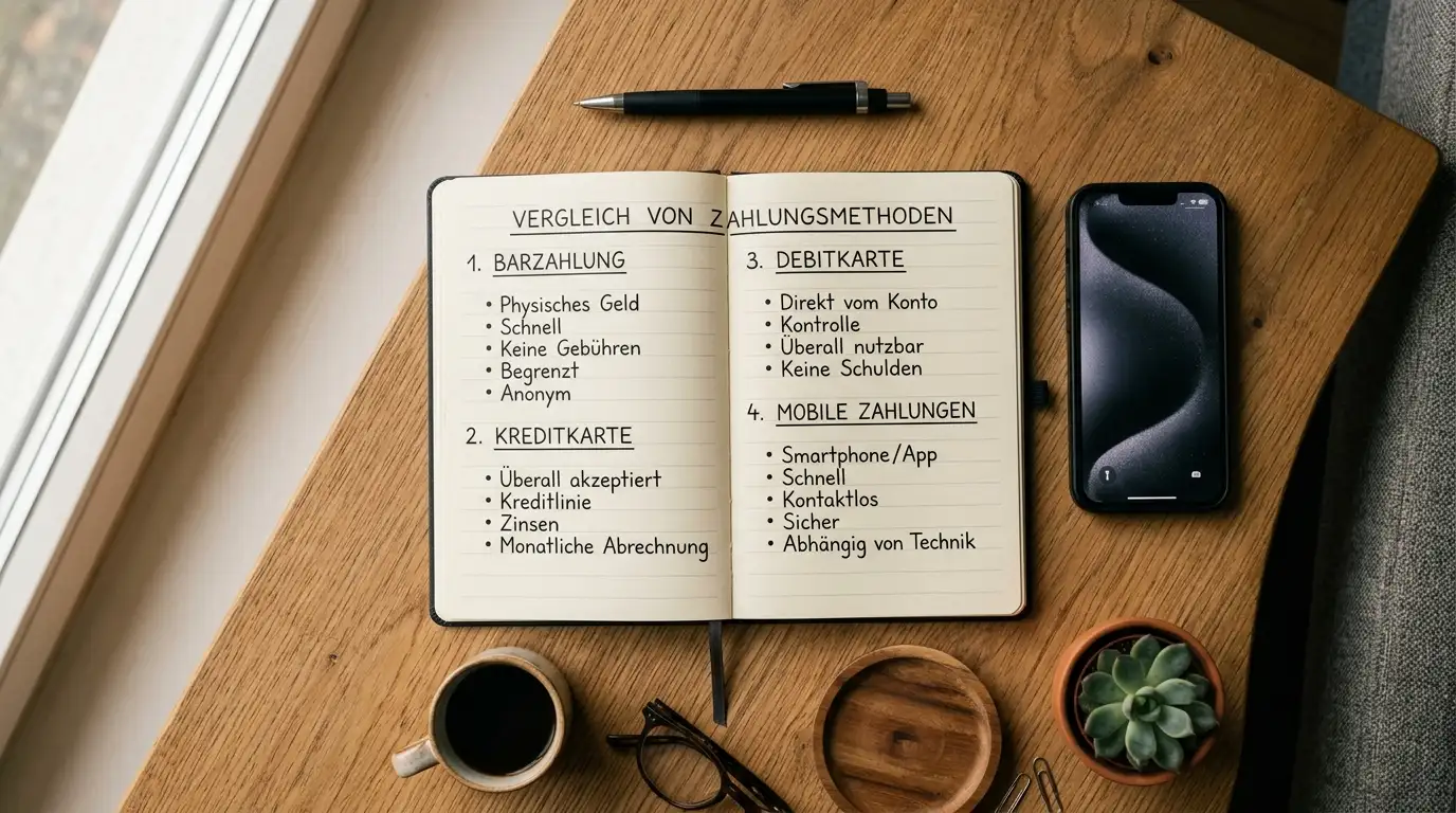 Vier Zahlungsmethoden im Vergleich auf einem aufgeräumten Schreibtisch mit Notizen