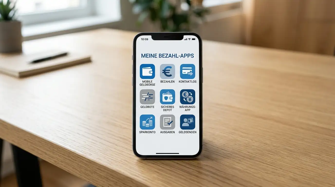 Smartphone mit verschiedenen Zahlungs-Apps und E-Wallet-Logos