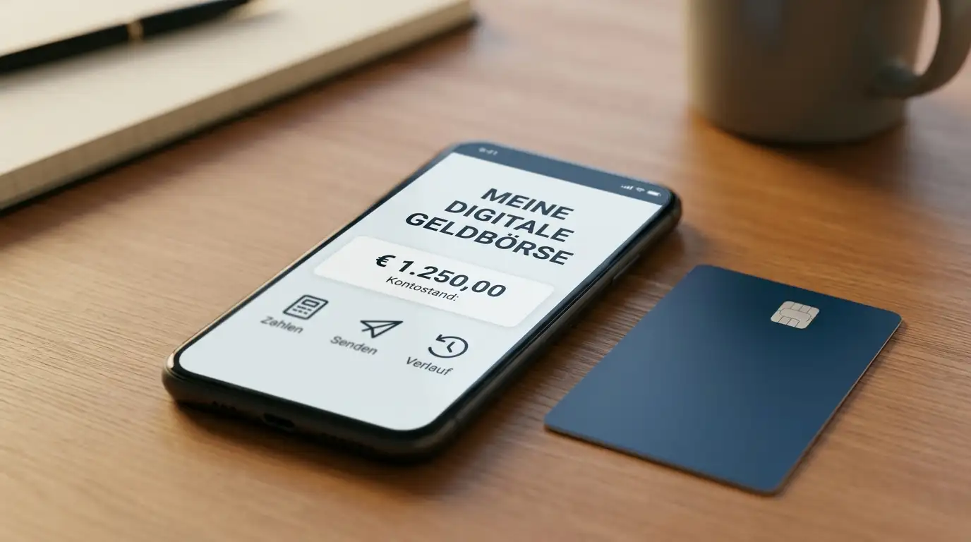 Smartphone mit geöffnetem E-Wallet-Interface neben Kreditkarte auf neutralem Hintergrund