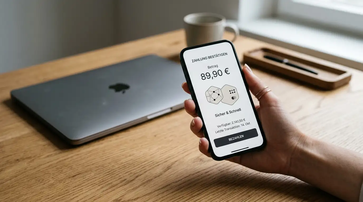 Smartphone mit abstrakten Krypto-Token und Zahlungssymbolen ohne Denomination