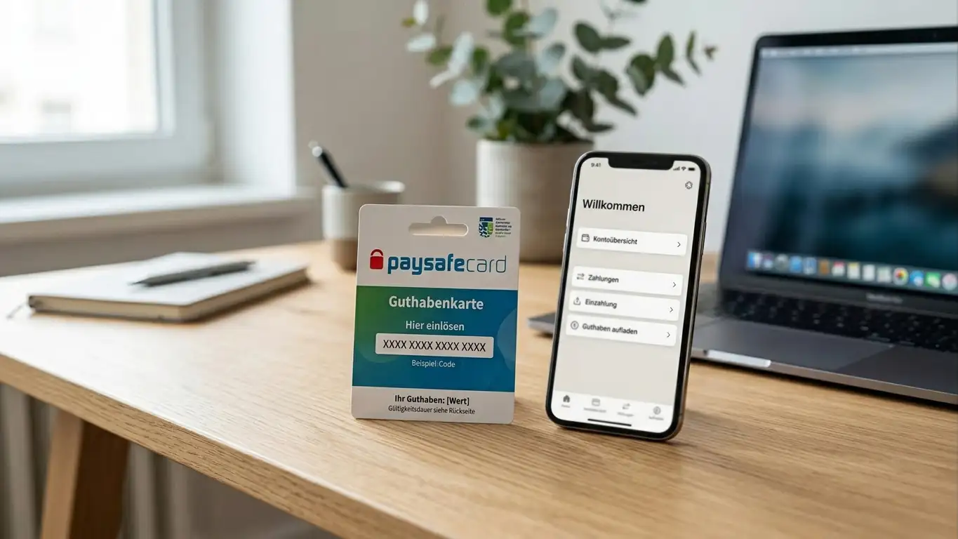 Schreibtisch mit paysafecard-Gutschein, Smartphone mit Banking-App und Laptop