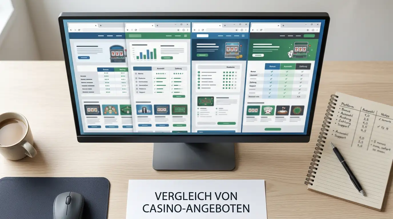 Mehrere geöffnete Anbieterseiten nebeneinander zum Vergleich der Neukundenboni deutscher Casinos